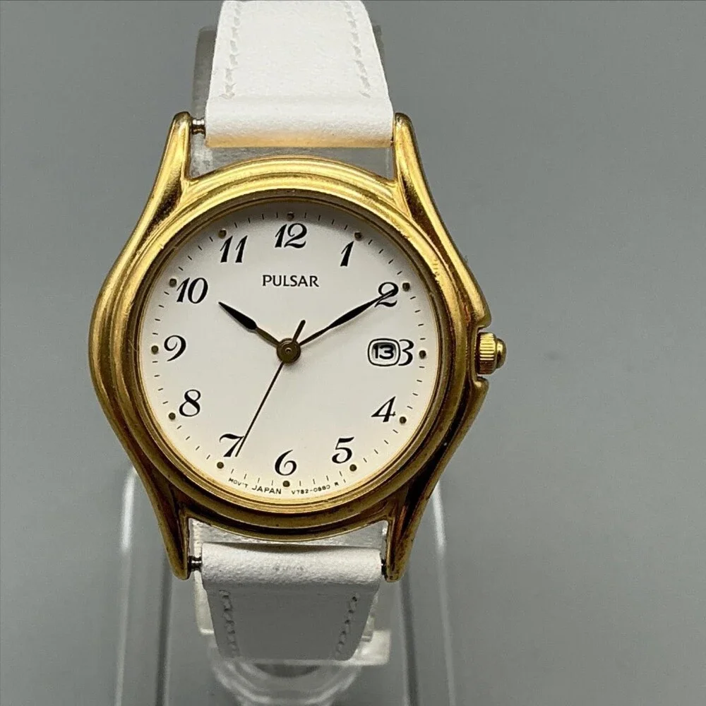 Pulsar V782-0E30 Womens Watch 28mm Gold Tone White Leather New Battery